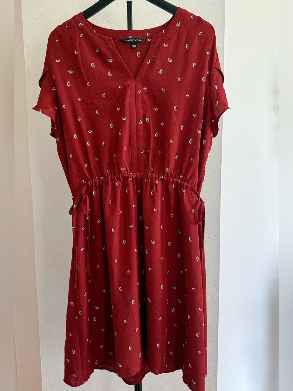 Dark Rust Red Drawstring Waist Short Sleeve Dress